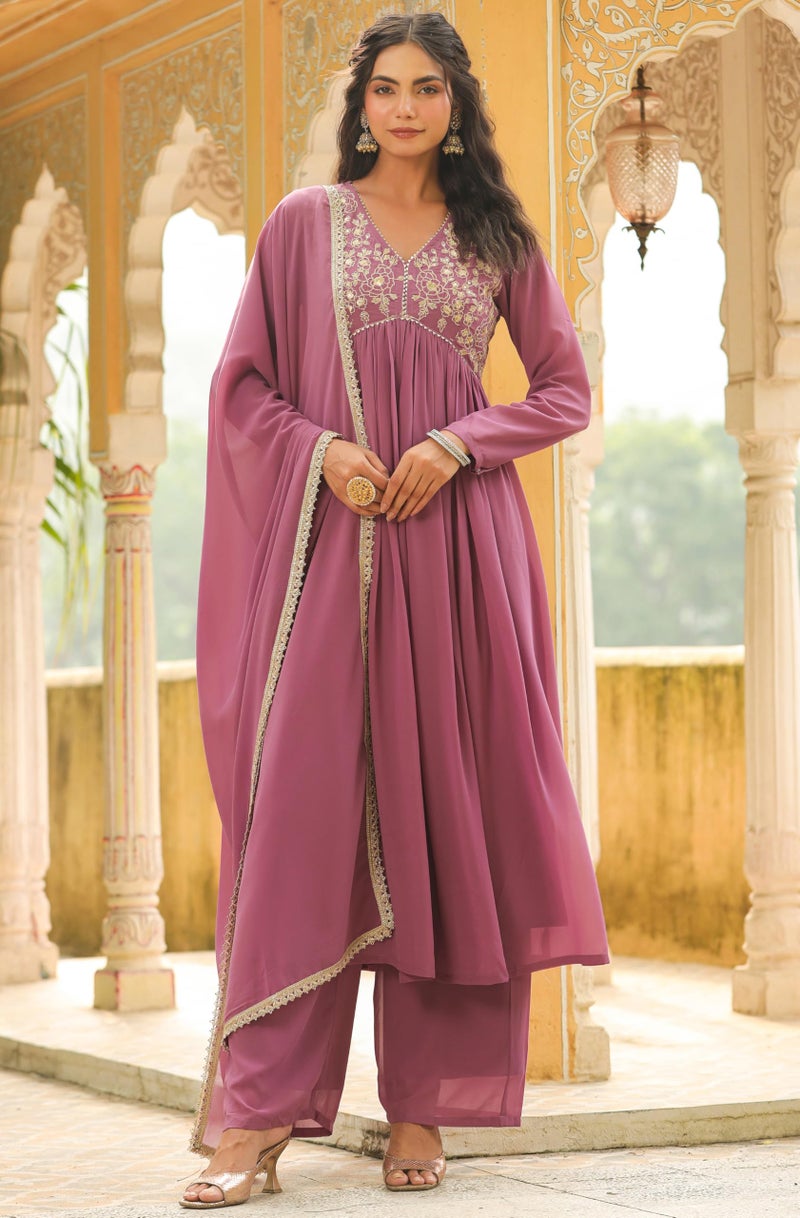 Janasya Lavender Yoke Embroidery Kurta with Palazzo & Dupatta for Women Georgette Fabric Latest Fashion - Image 3