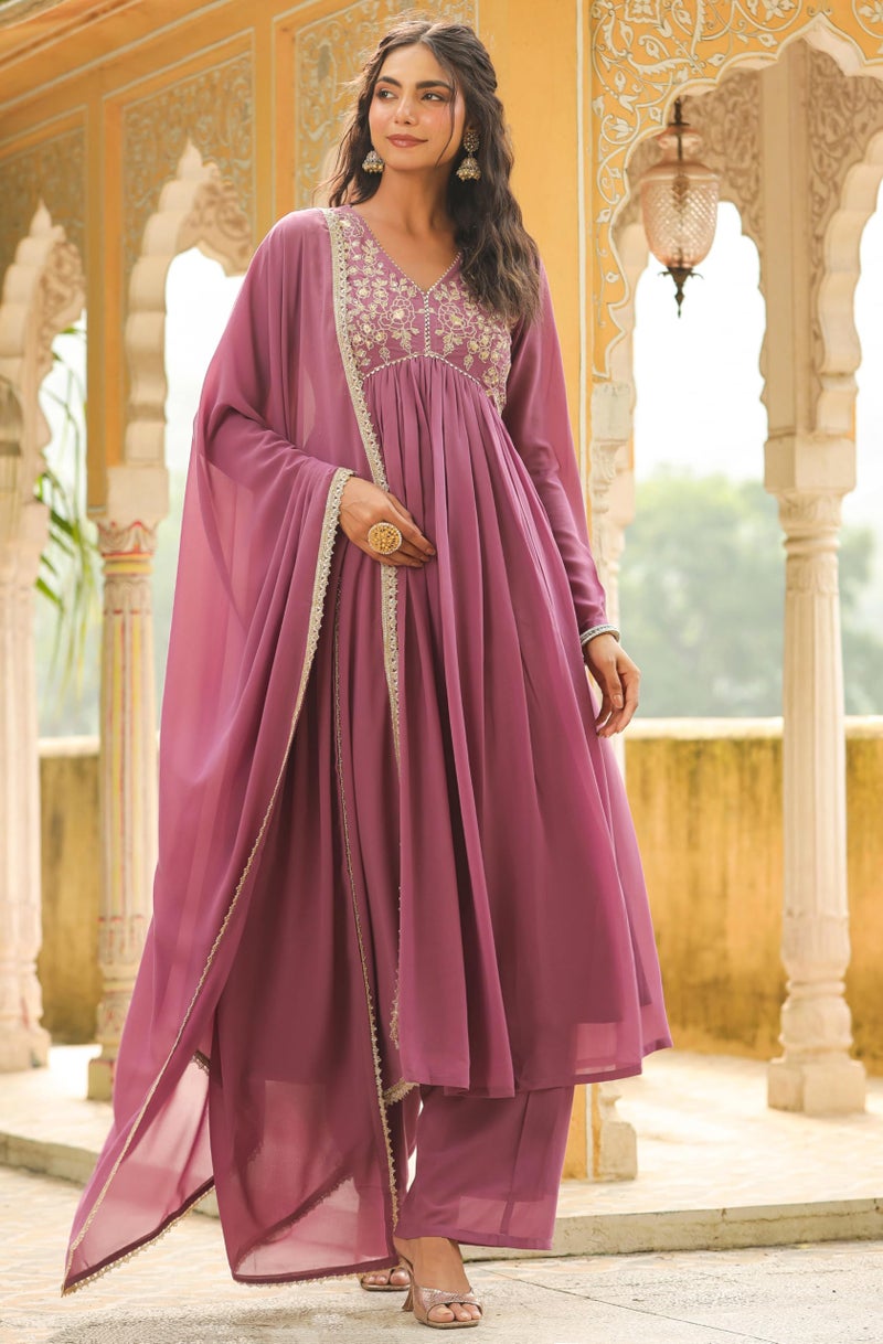Janasya Lavender Yoke Embroidery Kurta with Palazzo & Dupatta for Women Georgette Fabric Latest Fashion - Image 4