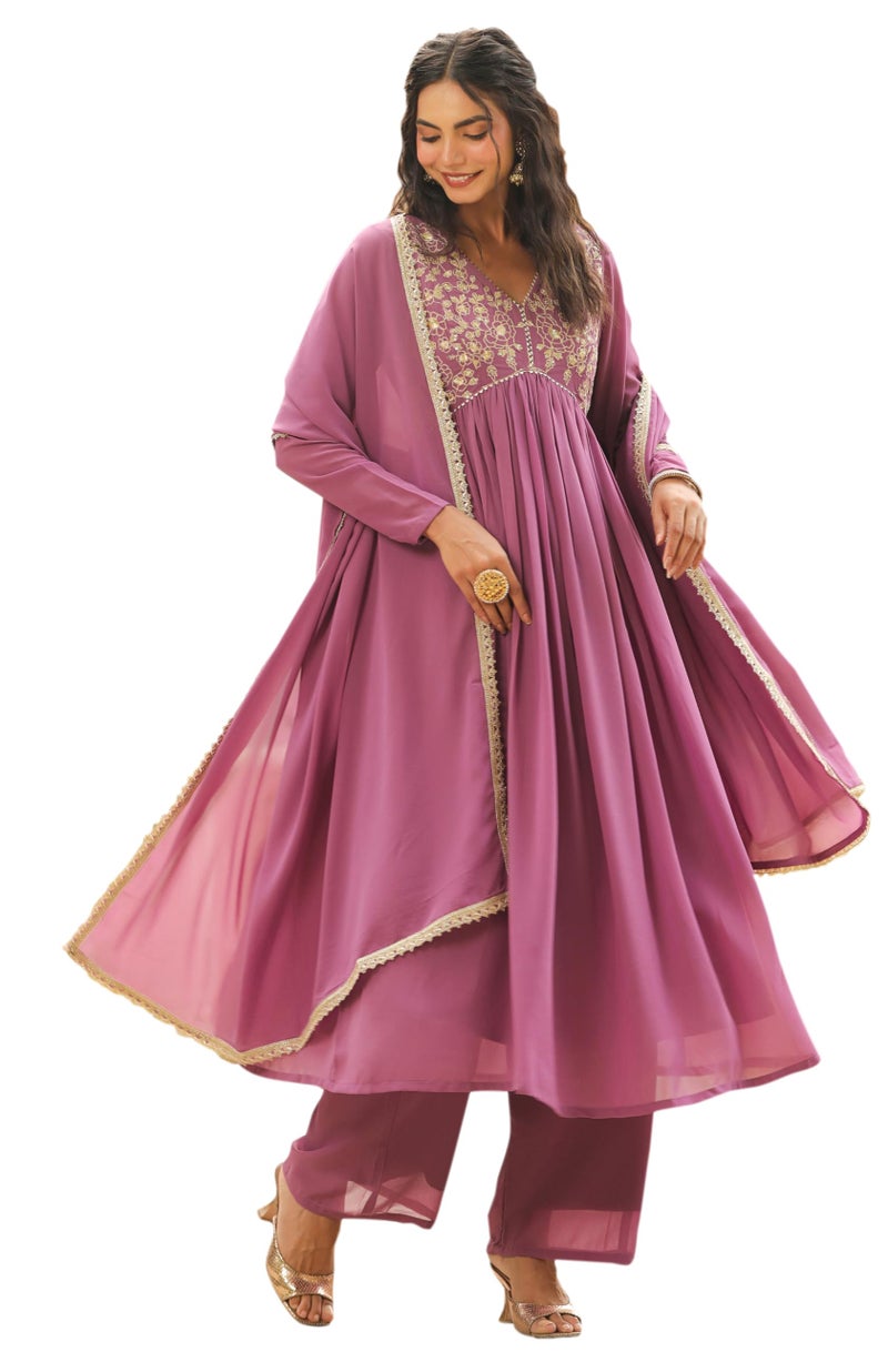 Janasya Lavender Yoke Embroidery Kurta with Palazzo & Dupatta for Women Georgette Fabric Latest Fashion - Image 1