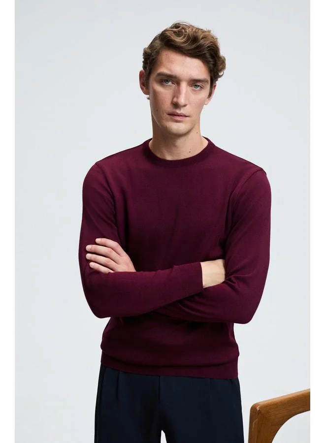 GRIMELANGE VAREX Men's Round Neck Basic Slim Fit Knit Burgundy Sweater.