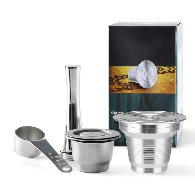 Reusable Stainless Steel Coffee Capsules Compatible with LOR Barista LM801260 Refillable Metal Espresso Pods for Lor and Nespresso Machines with Stainless steel spoon and tamper 2pcs