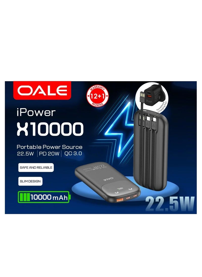 OALE - 10000 mAh Power Bank Portable Charger USB Type C Battery Pack 22.5W Fast Charging Compatible with iPhone 16 15 14 13 Pro Max Samsung Galaxy Z Fold 6 S24 S23 S22 S21 Ultra Apple Watch Airpods iPad Black - Image 1