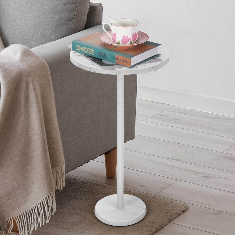 smusei Round End Table with Marble Base Drink Tables for Small Spaces Pedestal Table Small Round Side Table for Sofa Couch Chair Patio White