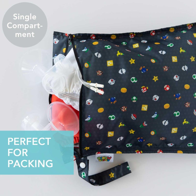Bumkins Waterproof Wet Bag for Baby, Travel, Swim Suit, Cloth Diapers, Pump Parts, Pool, Beach, Gym Clothes, Toiletry, Hook to Stroller, Daycare, Zipper Reusable Wetdry Packing, Nintendo Super Mario - Image 2
