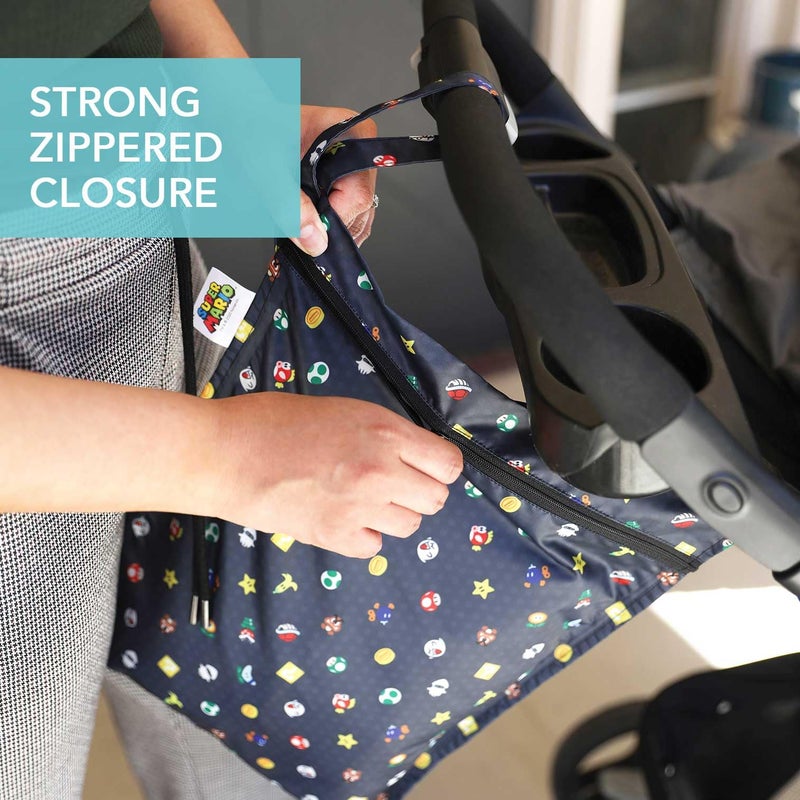 Bumkins Waterproof Wet Bag for Baby, Travel, Swim Suit, Cloth Diapers, Pump Parts, Pool, Beach, Gym Clothes, Toiletry, Hook to Stroller, Daycare, Zipper Reusable Wetdry Packing, Nintendo Super Mario - Image 4