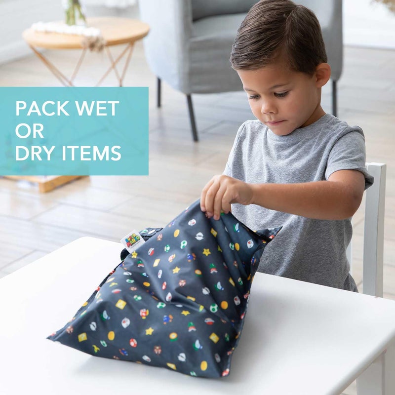 Bumkins Waterproof Wet Bag for Baby, Travel, Swim Suit, Cloth Diapers, Pump Parts, Pool, Beach, Gym Clothes, Toiletry, Hook to Stroller, Daycare, Zipper Reusable Wetdry Packing, Nintendo Super Mario - Image 3