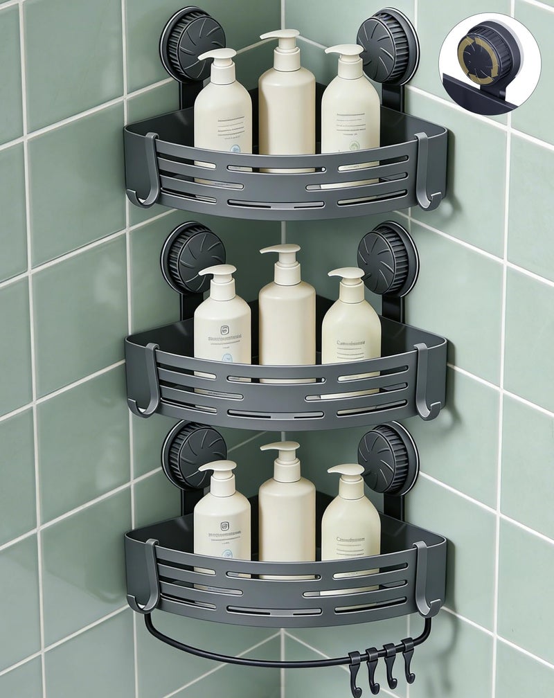 LOOCH 3 Pack Corner Shower Caddy with Twist-Lock Suction Cups & a Pre-Applied Ultra-Strong Adhesive Layer, The No-Drill Shower Organizer with Towel Bar & Drain Holes for Bathroom Storage & Decor（Grey） - Image 1