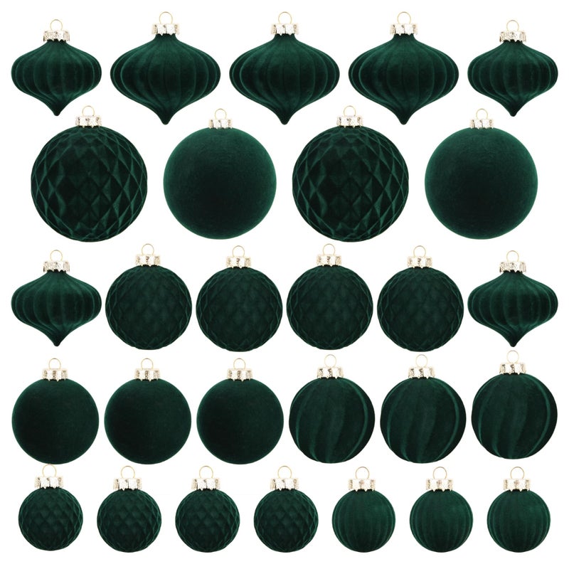Christmas Tree Ornaments Green Velvet  Pack of 28pcs Flocked Xmas Balls Ornament Decorations Assortment