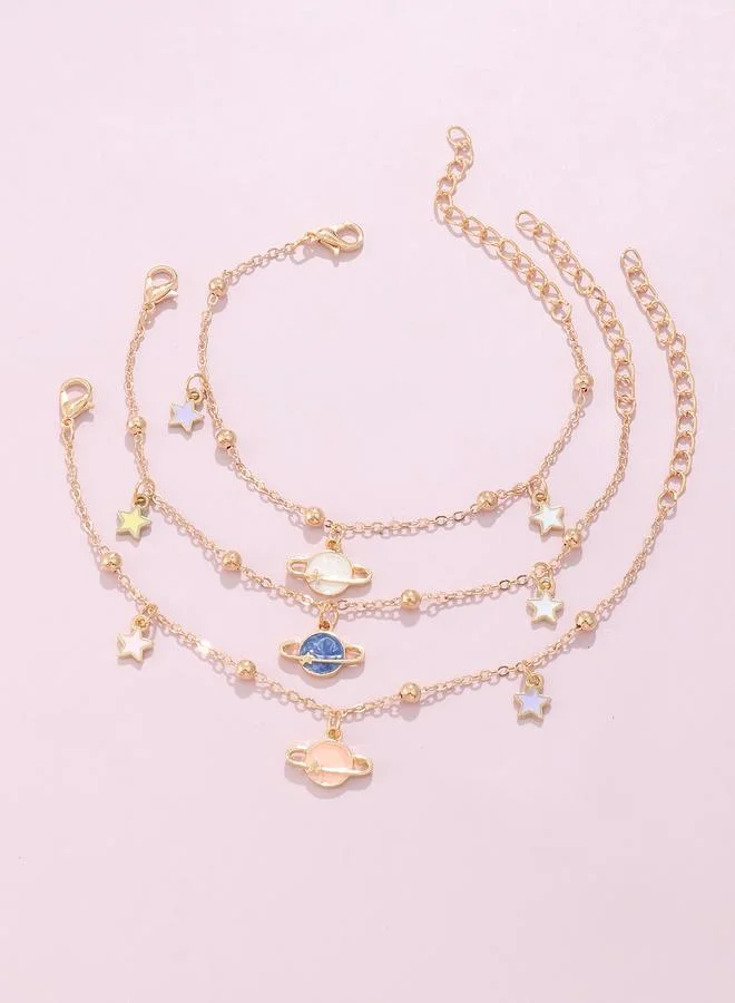 Take Two  Pack of 3 - Gold Tone Planet and Star Charm Bracelet for Women | Best Price UAE