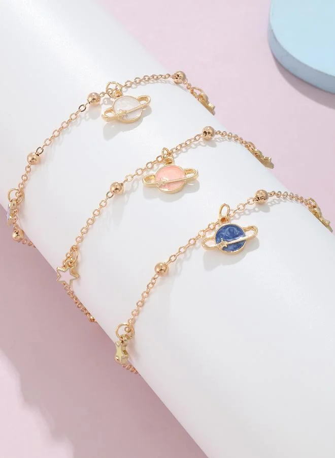 Pack of 3 - Gold Tone Planet and Star Charm Bracelet