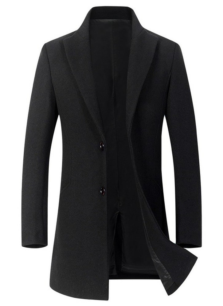 Loquat - Men's Woolen Casual Coat Slim Fit Suit Collar Mid Lenght Jacket Overcoat With Thin Inner Linning Black - Image 1