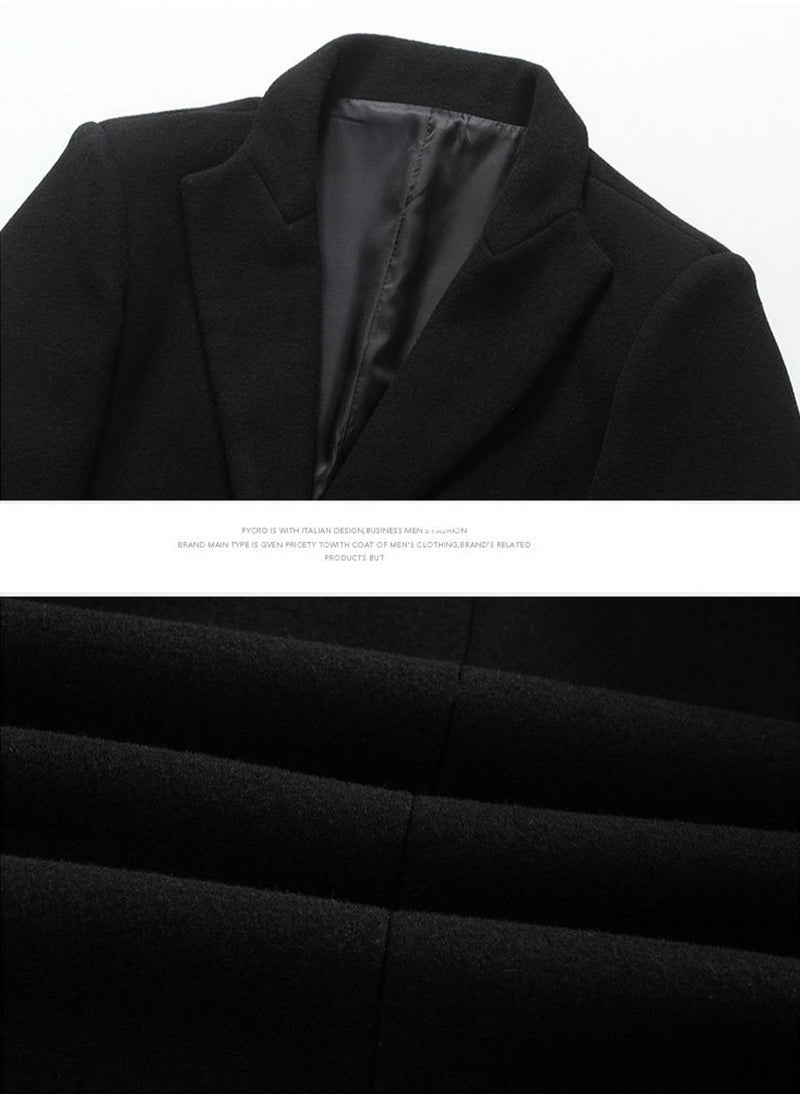 Loquat - Men's Woolen Casual Coat Slim Fit Suit Collar Mid Lenght Jacket Overcoat With Thin Inner Linning Black - Image 1