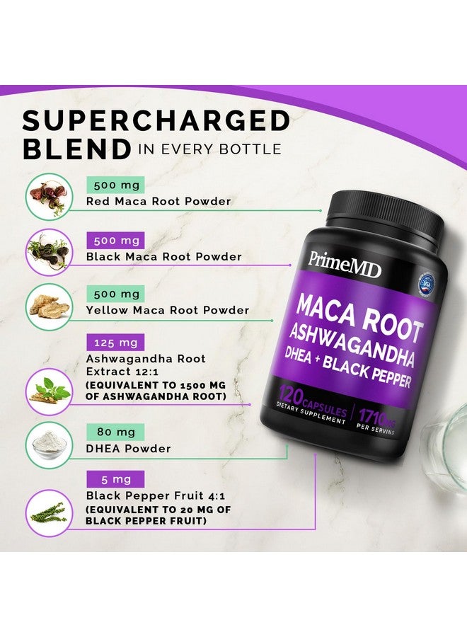 PrimeMD 6-in-1 Organic Maca Root Ashwagandha Capsules 1710mg with DHEA and Black Pepper Fruit Extract for Women and Men - Black Maca Supplement for Stamina, Bone and Mood Support Supplement, 120ct (Pack of 2) - Image 3