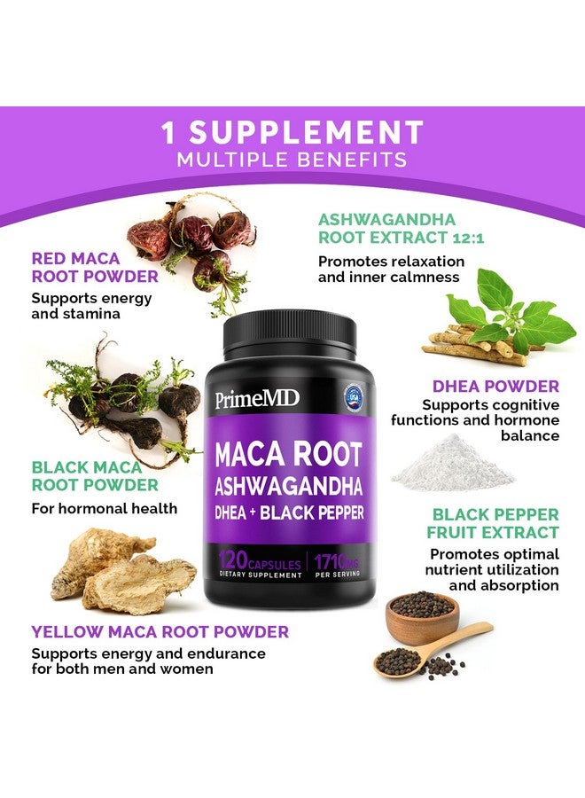 PrimeMD 6-in-1 Organic Maca Root Ashwagandha Capsules 1710mg with DHEA and Black Pepper Fruit Extract for Women and Men - Black Maca Supplement for Stamina, Bone and Mood Support Supplement, 120ct (Pack of 2) - Image 2