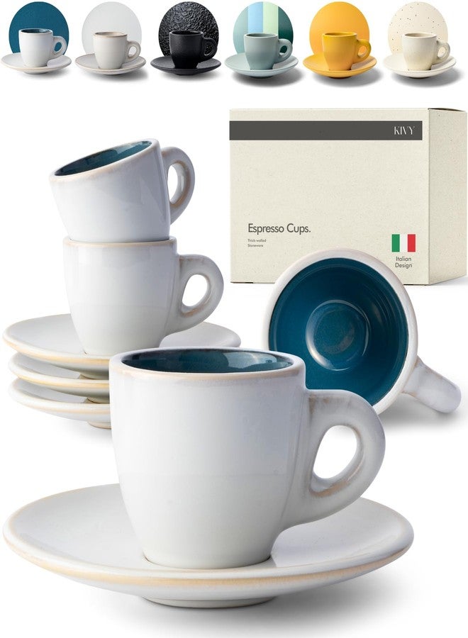 KIVY 3 oz Espresso cups set of 4 - Thick walled stoneware espresso cup set - Italian style espresso cups and saucers - Expresso shots cup - Small coffee mugs and saucers - Blue - Image 1