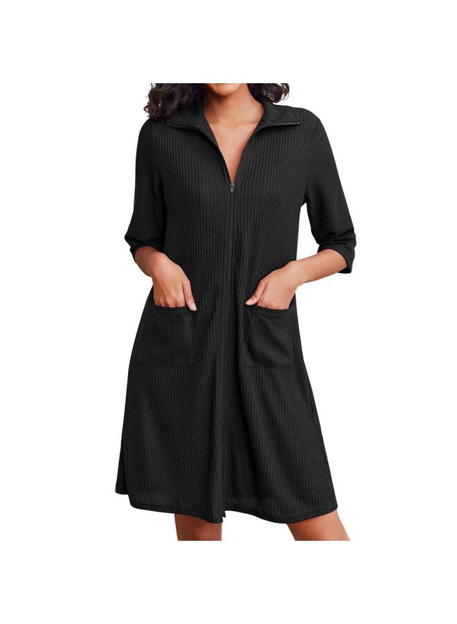 رداء حمام نسائي بسحاب من نسيج الوافل، رداء حمام قصير وخفيف الوزن بطول الركبة مع جيوب، مقاس L-XL (أسود-L) - Image 1
