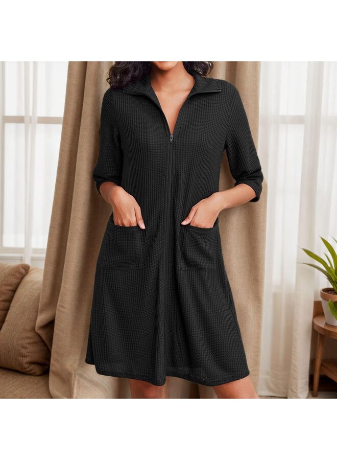 رداء حمام نسائي بسحاب من نسيج الوافل، رداء حمام قصير وخفيف الوزن بطول الركبة مع جيوب، مقاس L-XL (أسود-L) - Image 4