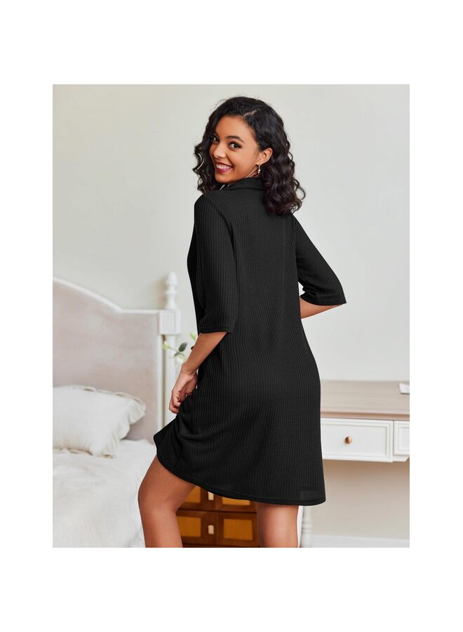 رداء حمام نسائي بسحاب من نسيج الوافل، رداء حمام قصير وخفيف الوزن بطول الركبة مع جيوب، مقاس L-XL (أسود-L) - Image 2