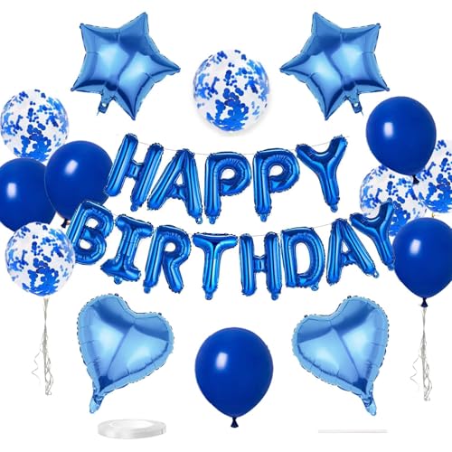WEIKA 27 Pcs Dark Blue Birthday Decorations 3D Foil Dark Blue Happy Birthday Balloon Banner Pentagram Heart Foil Balloons Confetti Balloons Kit For Boys Girls Birthday Party Supplies - Image 1