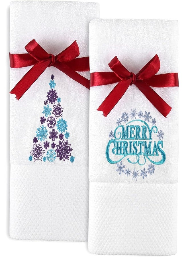 Quera 2 Pack Christmas Hand Towels Cotton Embroidered Premium Luxury Decor Bathroom Decorative Dish Towels Set for Drying, Cooking, Holiday Towels Gift Set 13.7'' x 29.5'', Blue Merry Christmas. - Image 1