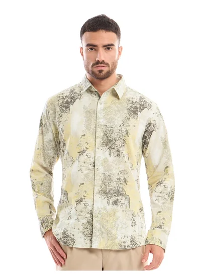 بيونغ White and Yellow Printed Cotton Shirt for Men