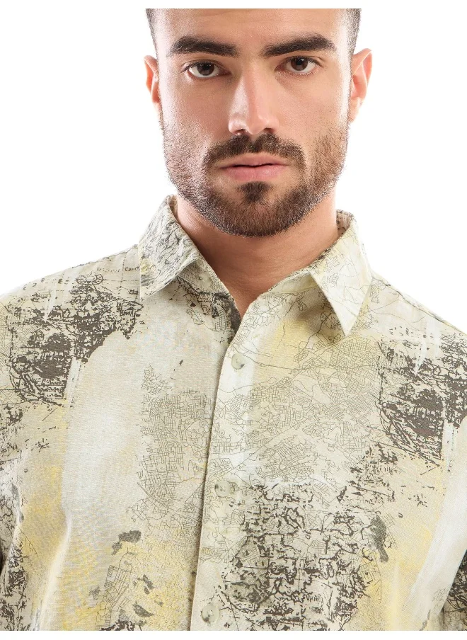 بيونغ White and Yellow Printed Cotton Shirt for Men