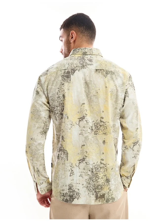 بيونغ White and Yellow Printed Cotton Shirt for Men