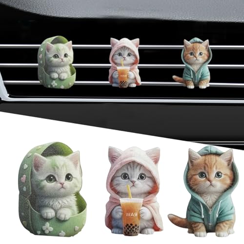 LHDOS 3PCS Cute Cat Car Air Vent Clips 2D Flat Acrylic Cartoon Kitty Car Air Conditioner Outlet Clip Auto Interior Decoration Accessories for Most Vehicles BluePinkGreen - Image 1