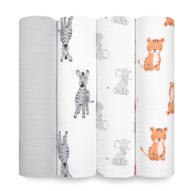 aden + anais Essentials Muslin Swaddle Blankets for Baby Girls and Boys, Newborn Receiving Blanket for Swaddling, 100% Cotton Baby Swaddle Wrap, 4 Pack, Safari Babes - Image 1