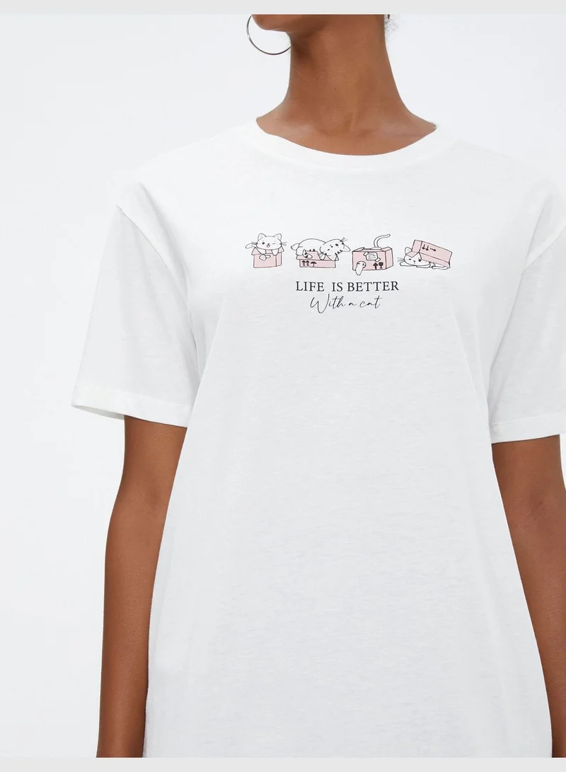 KOTON Printed Crew Neck Short Sleeve T-Shirt