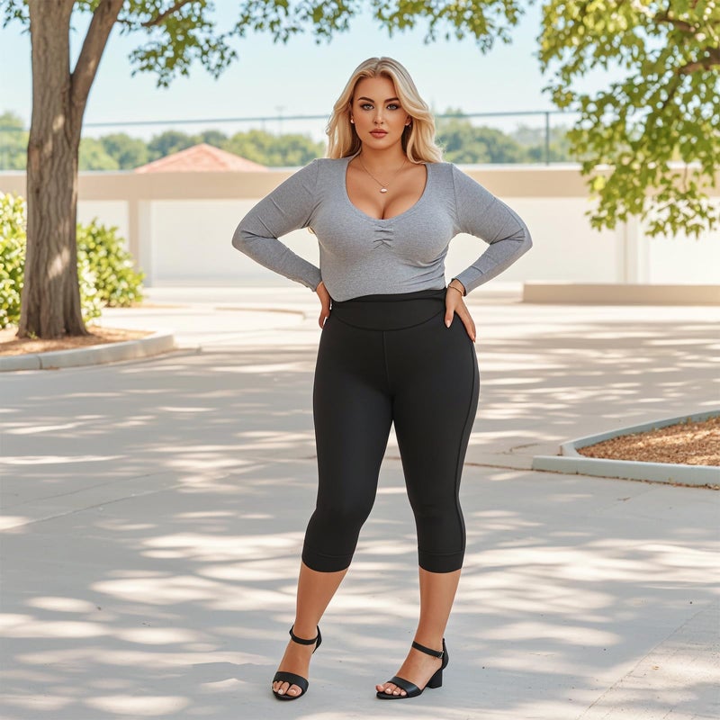 MOREFEEL Capri Plus Size Leggings for Women with Pockets-Stretchy XL-4XL Tummy Control High Waist Workout Black Yoga Pants - Image 4