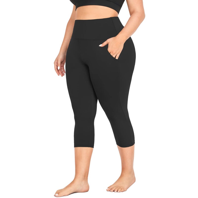 MOREFEEL Capri Plus Size Leggings for Women with Pockets-Stretchy XL-4XL Tummy Control High Waist Workout Black Yoga Pants - Image 1