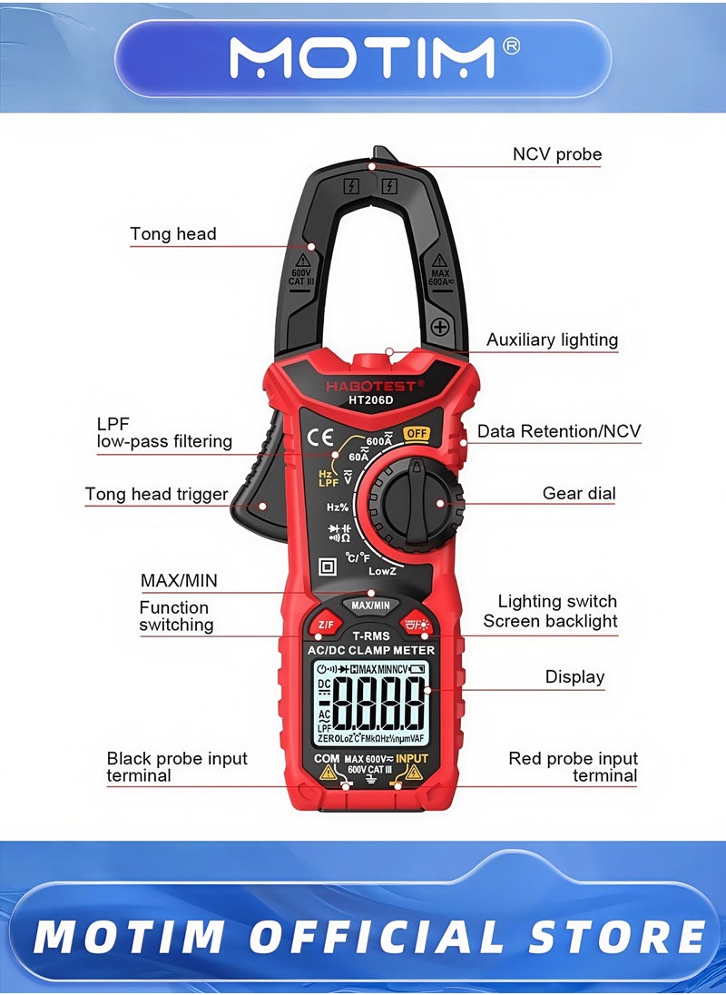 Motim - Digital Clamp Meter Multimeter 600A AC DC Current 6000 Counts Multimeter with Backlight NCV Voltmeter Ammeter Voltage Amp Hz Ohm Tester - Image 1