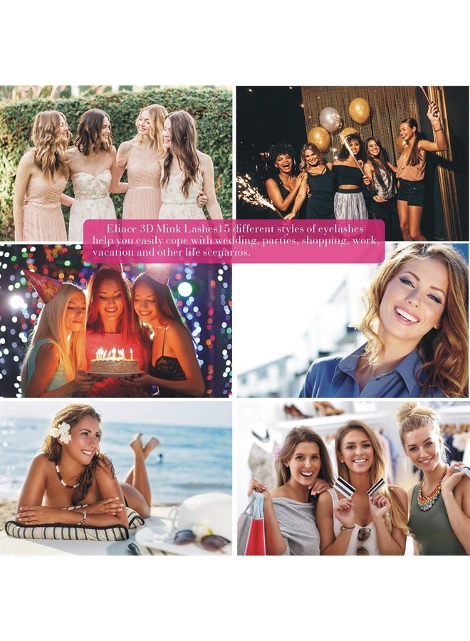Fluffy Eyelashes 3D Mink Lashes Cat Eyes 15 Mixed Styles 15 Pairs Reusable Soft Fake Eyelashes Volume Strip Lashes Natural Look Wispies & Big False Eyelashes Pack - with False Lashes Tweezers