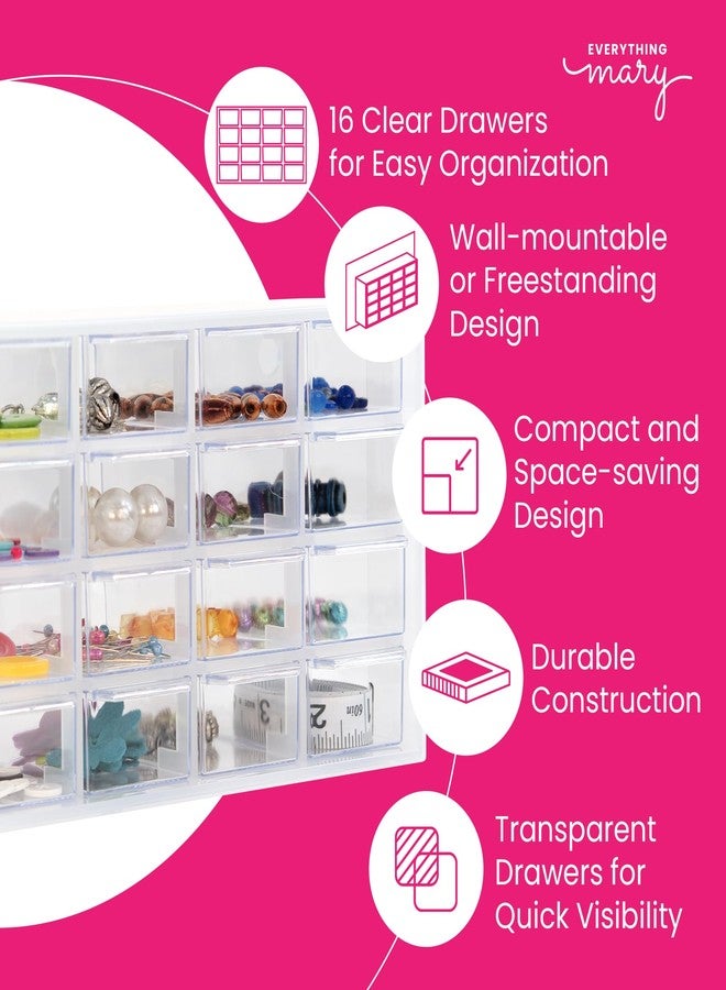 Everything Mary Clear Drawer Organizer - 16 Drawer Craft Storage Cabinet for Beads, Jewelry, and Small Parts - Plastic Storage Drawers for Desk, Sewing Room, or Workshop - Image 3