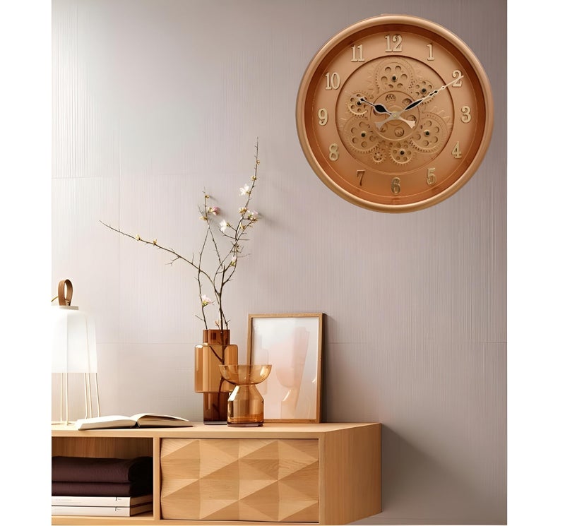 De'rons Rotating Moving Gears Wall Clock Industrial Steampunk Real Moving Gear Designer Wall Clock for Living Room Home Decor Office Wooden Look Plastic Round 32cm DC-1387 (P.Copper) - Image 5
