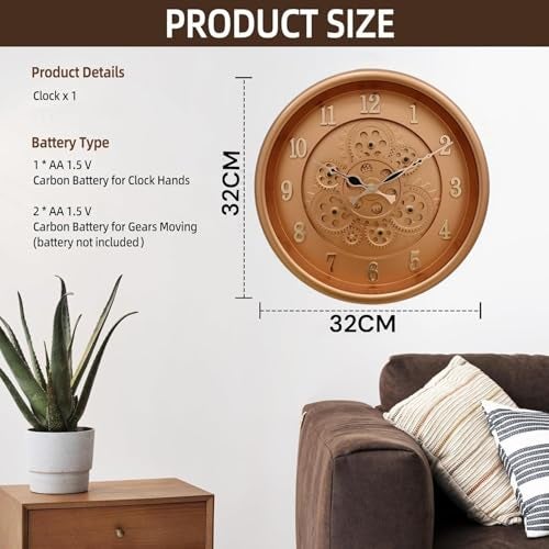 De'rons Rotating Moving Gears Wall Clock Industrial Steampunk Real Moving Gear Designer Wall Clock for Living Room Home Decor Office Wooden Look Plastic Round 32cm DC-1387 (P.Copper) - Image 3