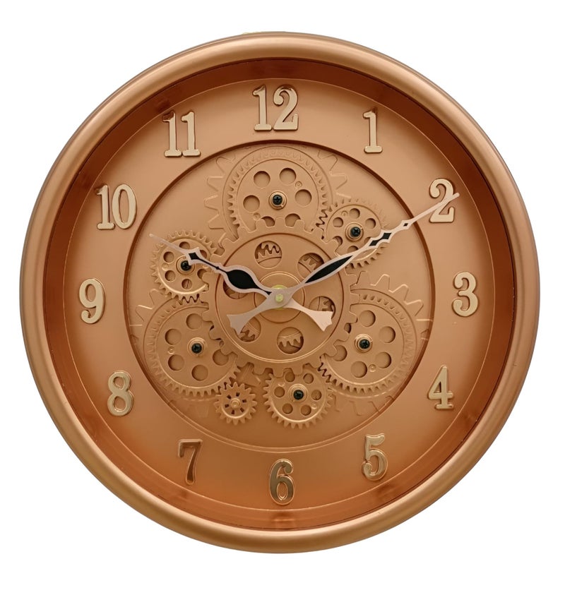 De'rons Rotating Moving Gears Wall Clock Industrial Steampunk Real Moving Gear Designer Wall Clock for Living Room Home Decor Office Wooden Look Plastic Round 32cm DC-1387 (P.Copper) - Image 1