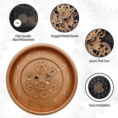 De'rons Rotating Moving Gears Wall Clock Industrial Steampunk Real Moving Gear Designer Wall Clock for Living Room Home Decor Office Wooden Look Plastic Round 32cm DC-1387 (P.Copper) - Image 4