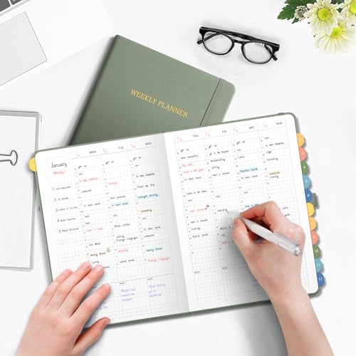 LOAPEM Undated Appointment Book, Hourly, Daily, 52 Weekly & 12 Monthly Planner, 6 AM - 8 PM, Medium Size (5.7" x 8.3"), Leather Hardcover, 12 Self-adhesive Monthly Tabs (Light Green) - Image 2