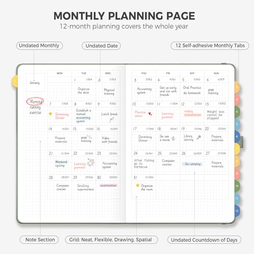LOAPEM Undated Appointment Book, Hourly, Daily, 52 Weekly & 12 Monthly Planner, 6 AM - 8 PM, Medium Size (5.7" x 8.3"), Leather Hardcover, 12 Self-adhesive Monthly Tabs (Light Green) - Image 4