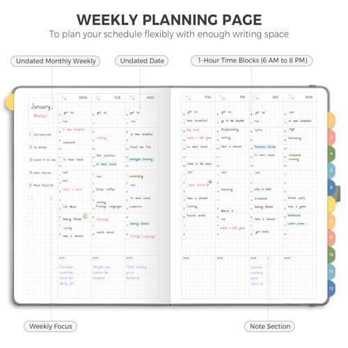 LOAPEM Undated Appointment Book, Hourly, Daily, 52 Weekly & 12 Monthly Planner, 6 AM - 8 PM, Medium Size (5.7" x 8.3"), Leather Hardcover, 12 Self-adhesive Monthly Tabs (Light Green) - Image 5