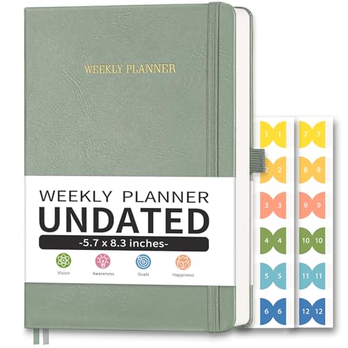 LOAPEM Undated Appointment Book, Hourly, Daily, 52 Weekly & 12 Monthly Planner, 6 AM - 8 PM, Medium Size (5.7" x 8.3"), Leather Hardcover, 12 Self-adhesive Monthly Tabs (Light Green) - Image 1