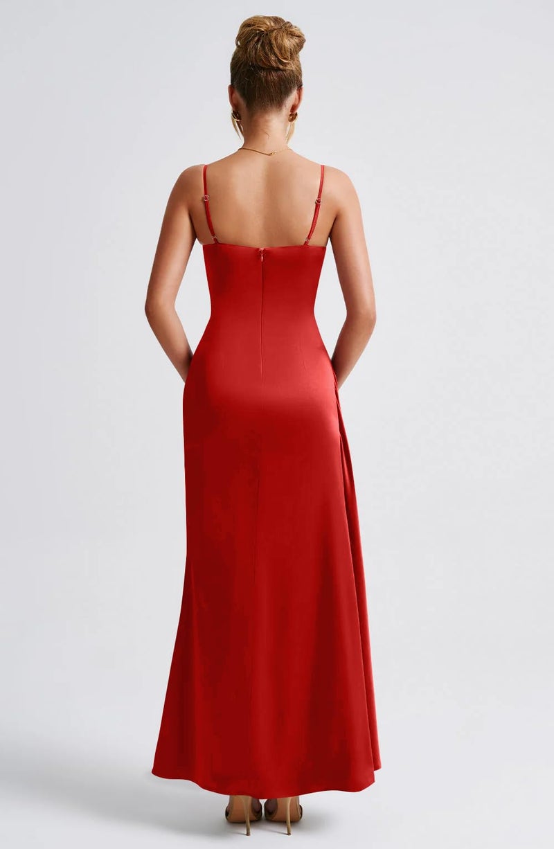 Memoriesea Women's Sleeveless Bodycon Spaghetti Strap Ruched Evening Party Maxi Dress Red - Image 4