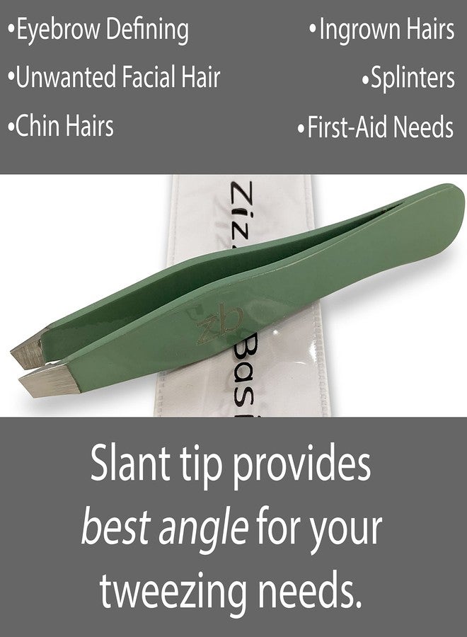 Zizzili Basics Tweezers - Surgical Grade Stainless Steel - Slant Tip for Expert Eyebrow Shaping and Facial Hair Removal - with Protective Pouch (Sage) - Image 2