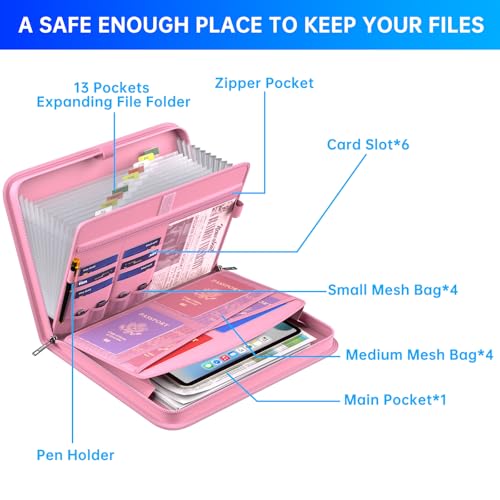 ENGPOW Accordion File Organizer,Fireproof Expanding File Folder with Multi Pockets,13 Pockets Document Organizer with Handle & Labels,Portable Home Travel Safe Storage Folder for Letter A4 Files,Pink - Image 5