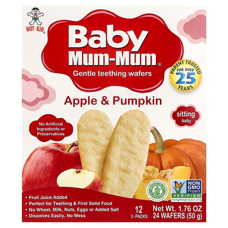 هوت كيد‏, Baby Mum-Mum®، ويفر التسنين اللطيف، بنكهة التفاح واليقطين، 12 عبوة، كل عبوة تحتوي على 2 رقاقة
