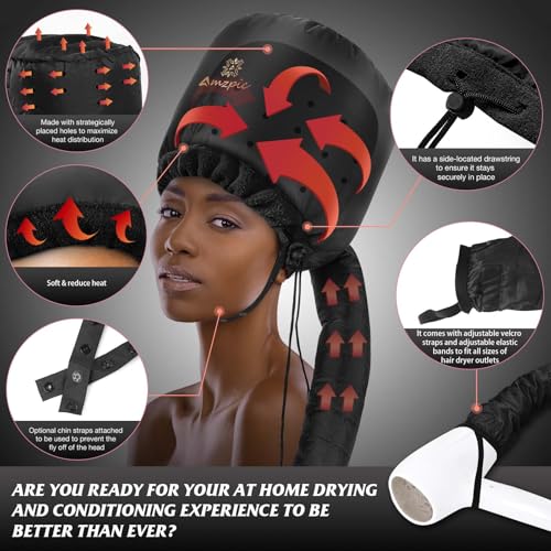 Amzpic Bonnet Hood Hair Dryer Attachment - Headband Integrated Bonnet Hair Dryer for Speeds Up Drying Time at Home, Easy to Use for Styling, Curling and Deep Conditioning (Black,Adjustable) - Image 2