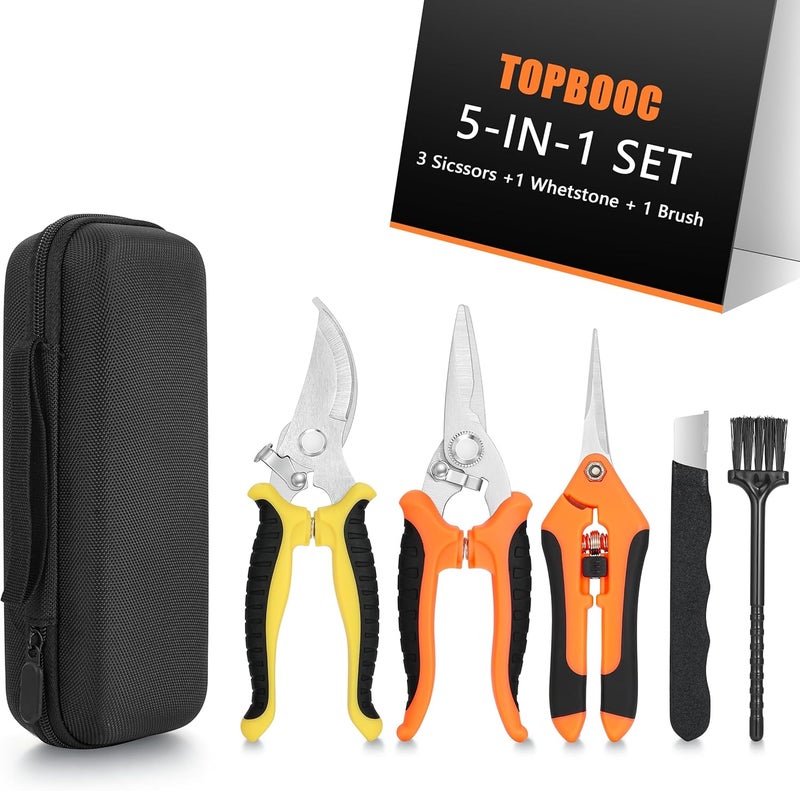 Topbooc 3-pack Garden Pruning Shears Set with Stainless Steel Blades, Bypass Pruners, Handheld Secateurs, Tree Trimmers, & Scissors Whetstone,a Clean Brush and a Hard Case, Ideal for trimming, pruning - Image 1