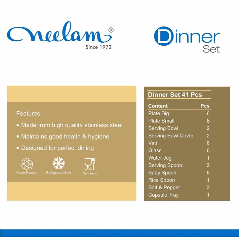 Neelam Neelam Stainless Steel 22 Gauge, 41 Pieces Premium Dinner Set, Ideal Gifting Dinner Set, Ideal for Special Occasions Like Anniversary, Wedding, Housewarming Party, Easy to Clean & Dishwasher Safe - Image 5